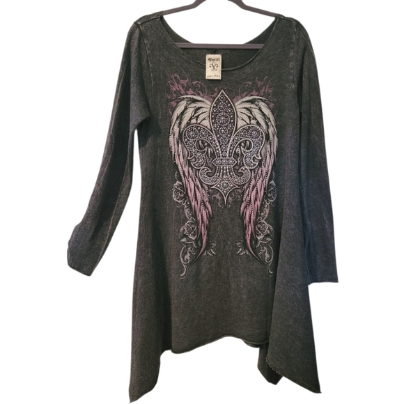 Vocal Fleur De Lis Gray Pink Crystal Bling Asymmetrical Long Sleeves Tunic Top L - Picture 1 of 13